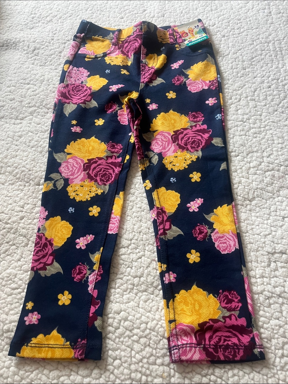 Girls' Floral Navy Leggings with Pink & Yellow Roses, size 5 new with tags,
